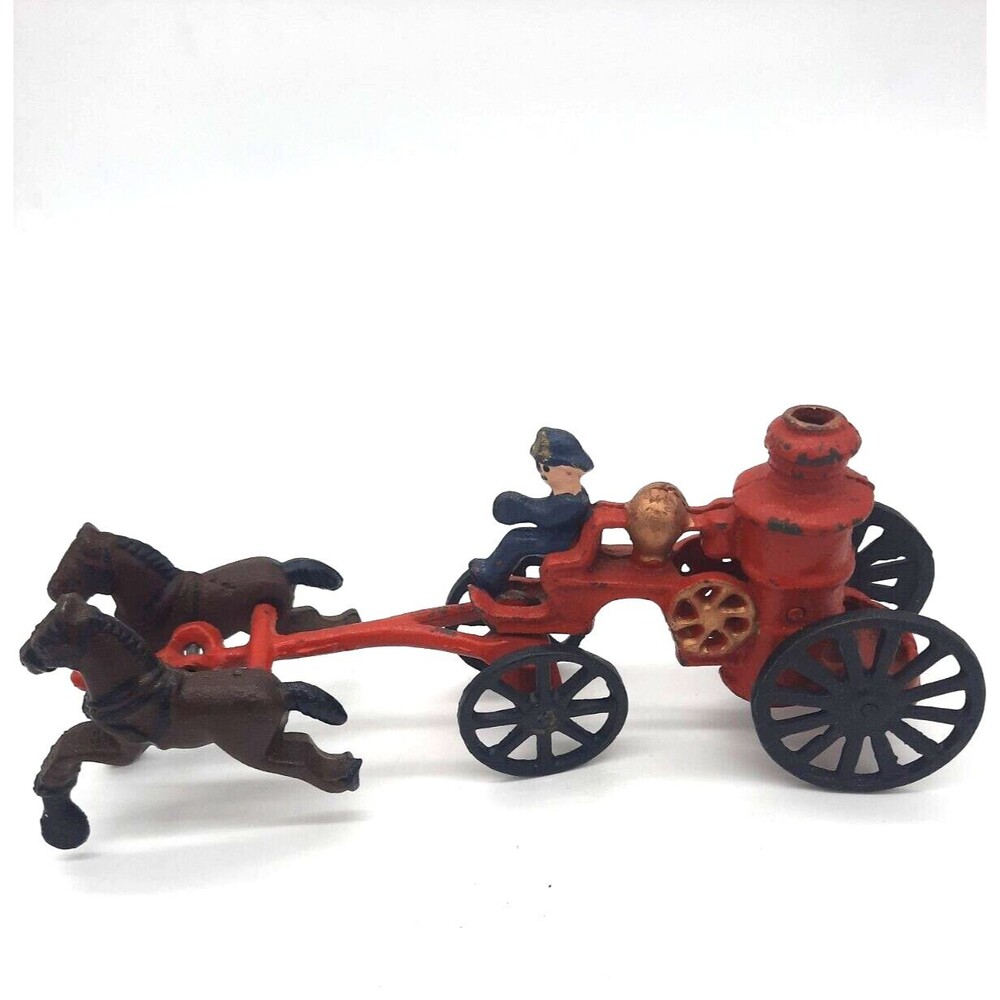 Vintage 2-piece Cast Iron 1 man 2 horse drawn 9" Fire Engine Pumper Wagon Toy